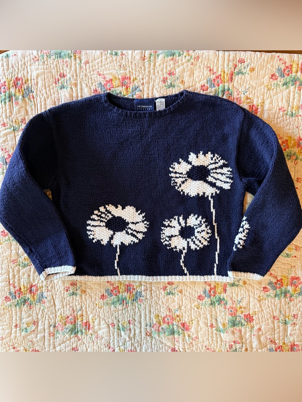Vintage Liz Claiborne LizSport Navy Floral Dandelion Knit Sweater - Petite L